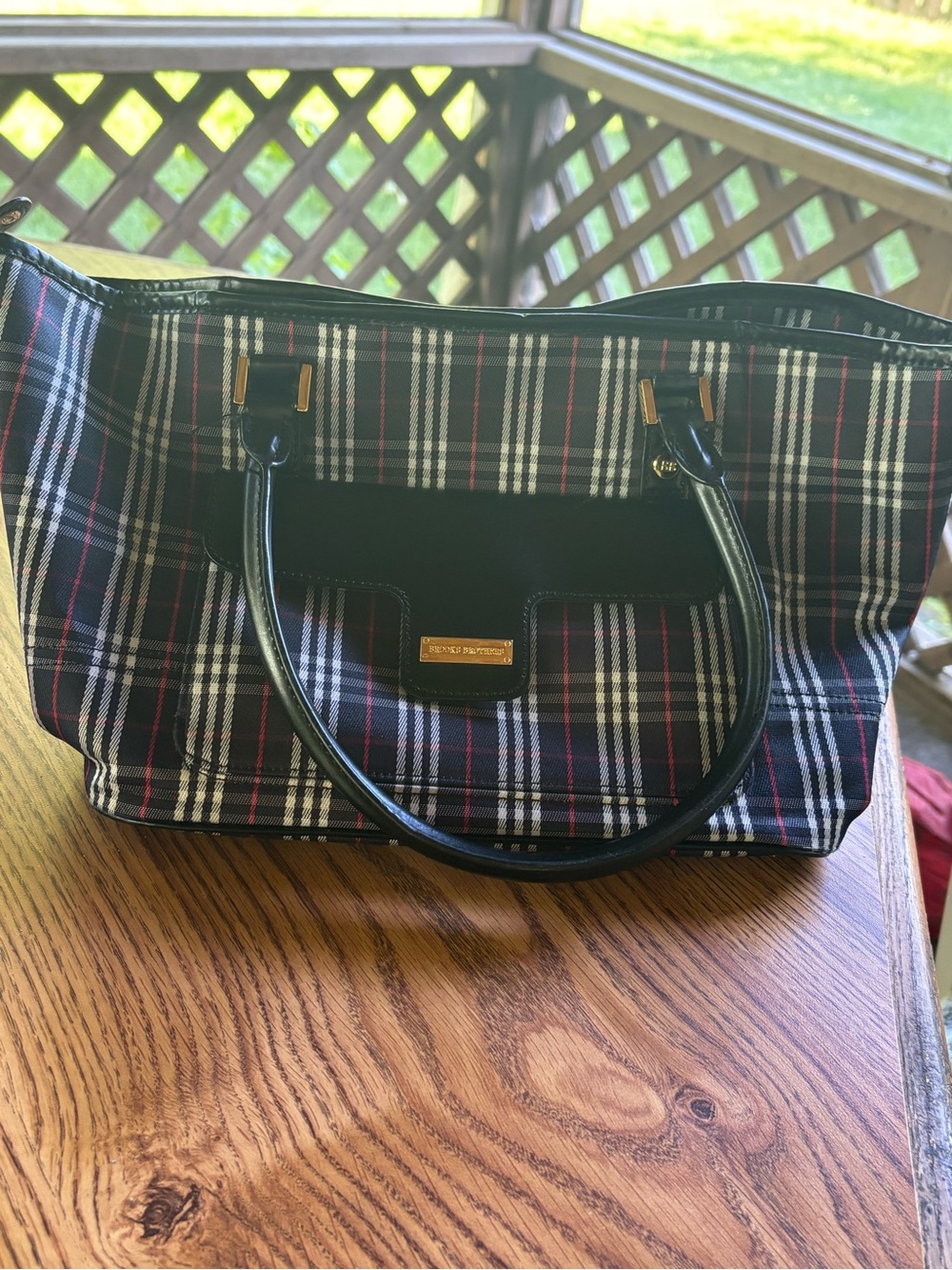 Brooks Brothers Black Plaid Tote with Red and White Accents